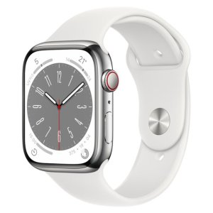 Apple 애플워치 8 GPS+Cellular  45mm  스테인리스 스틸  실버 / 화이트 스포츠밴드 MNKE3KH/A