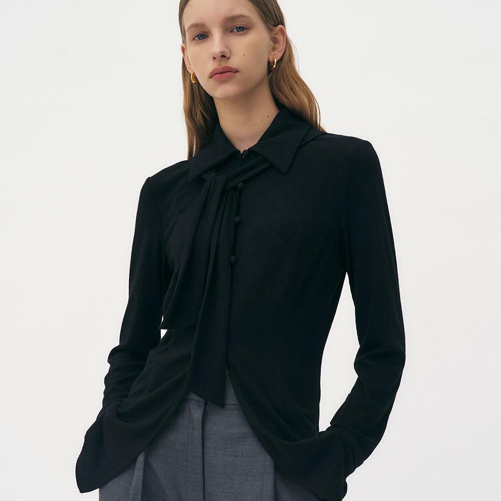 [엣드맹] Scarf tie-neck jersey blouse top (Black)