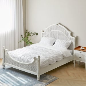 엘카라 프렌치 엔틱 라탄 퀸사이즈 Q 침대 신혼 부부 침대프레임 원목 화이트
