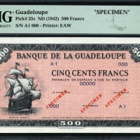 과들루프 Guadeloupe 1942, 500Francs, P25s, Specimen, PMG 67 EPQ 슈퍼완전미사용