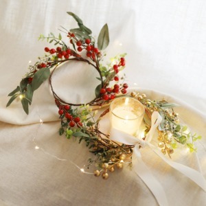 [<b>리프</b> 레드 골드 리스 캔들링] <b>올리브</b> 그린의 잎새와 베리의 크리스마스리스