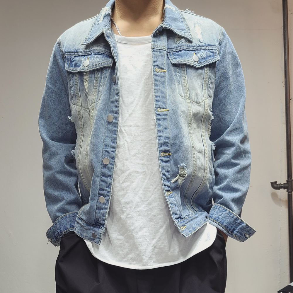 타입원 남자 빈티지 워싱 연청 디스트로이드 데미지 청자켓