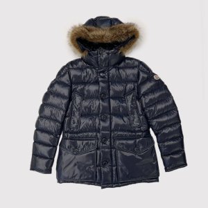 몽클레르 클루니 후드 퍼 롱 다운 패딩 자켓 나이트 블루 1B52502 68352 742