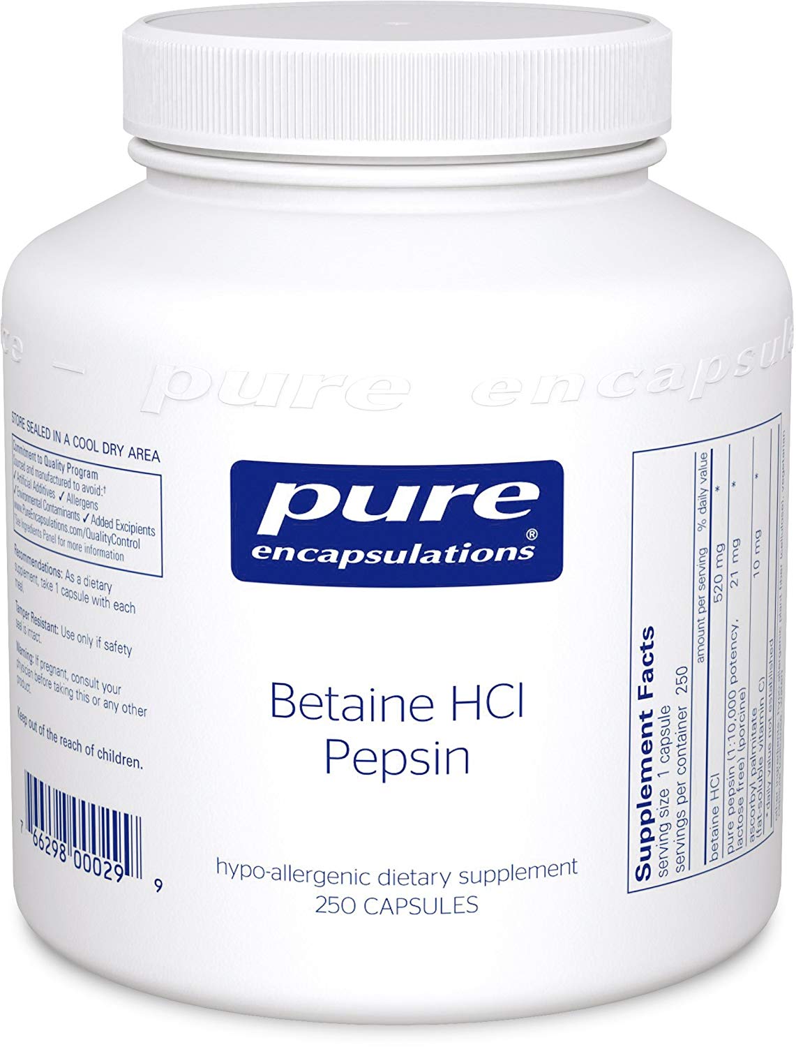 퓨어인캡슐레이션 <b>베타인 HCL 펩신</b> 캡슐  1개  250정