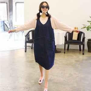 걸리쉬 데님 서스펜더 원피스[진청 멜빵 민소매 나시 뷔스티에 끈 롱 미디 포켓 슬리브리스 봄 가을 편한 데일리룩 여행룩 고급 브랜드 명품보세 러블리 날씬해보이는]