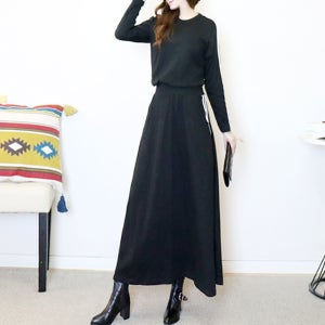 이자벨 블랙 잘록한 허리라인 롱 원피스 [프린세스걸 면 긴팔 밴딩 밴드 스판 스트라이프 배색 봄 가을 겨울 편한 데일리룩 여행룩 고급 브랜드 명품보세 러블리 날씬해보이는]