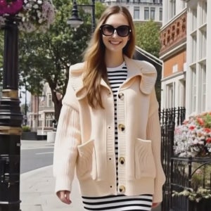 스페셜 베이지 모헤어 프릴 카라 루즈핏 울 니트가디건[버튼 단추 포켓 빅 카라 부드러운 박시 박스 오버핏 오버사이즈 고급 브랜드 봄 가을 겨울 아우터 겉옷 외투 아웃터 명품보세 데