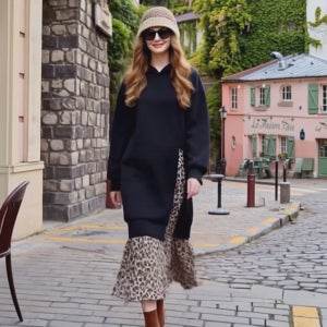 트렌디 블랙 옆트임 루즈핏 레오파드 레이어드 필링롱 후드 원피스 [프린세스걸 면 긴팔 호피 배색 패턴 나염 박시 박스 봄 가을 겨울 편한 데일리룩 여행룩 고급 브랜드 명품보세 러블