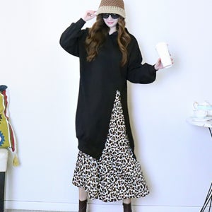 트렌디 블랙 옆트임 루즈핏 레오파드 레이어드 필링롱 후드 원피스 [프린세스걸 면 긴팔 호피 배색 패턴 나염 박시 박스 봄 가을 겨울 편한 데일리룩 여행룩 고급 브랜드 명품보세 러블