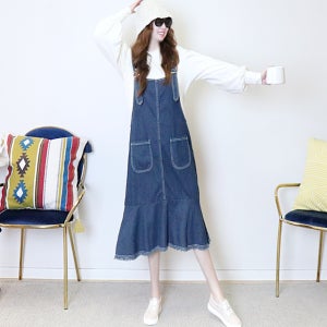 사랑스런 그녀 빈티지 서스펜더 프릴 데님 원피스 [청 멜빵 민소매 나시 뷔스티에 포켓 귀여운 끈 슬리브리스 봄 가을 편한 데일리룩 여행룩 고급 브랜드 명품보세 러블리 날씬해보이는]