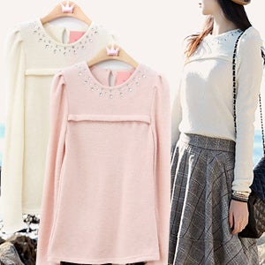 샤이닝 주얼리 울 니트 티(핑크 주문가능)[큐빅 긴팔 티셔츠 무지 라운드넥 스판 봄 가을 겨울 상의 데일리룩 여행룩 고급 브랜드 명품보세 러블리 여리여리 기본 편]