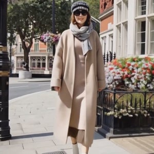 럭셔리 베이지 백 체크 루즈핏 울 코트[배색 패턴 롱 긴 박시 박스 포켓 모직 롤업 박시 박스 겨울 오버핏 오버사이즈 고급 브랜드 아우터 겉옷 외투 아웃터 명품보세 데일리 여행룩 