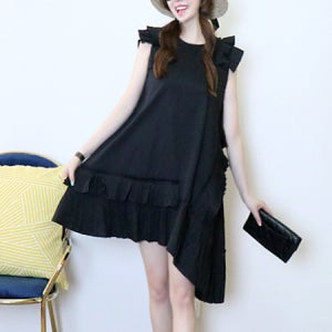 아방가르드 플리츠 언밸런스 슬리브리스A라인 미니 원피스 (블랙,화이트) [여름 면 민소매 나시 언발 주름 짧은 고급 데일리룩 휴양지룩 바캉스룩 편한 브랜드 명품보세 러블리 날씬해보