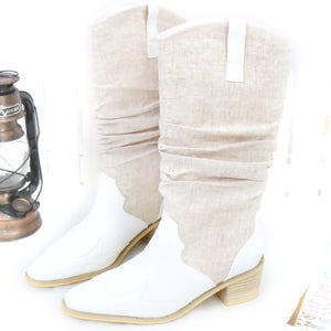 캐롤라인 화이트 린넨 웨스턴 부츠(245사이즈 주문가능)[미들 하프 마부츠 카우보이 통굽 힐 매쉬 시원한 수제화 봄 여름 가을 발 편한 데일리 휴양지 바캉스 여행 명품보세 고급 브
