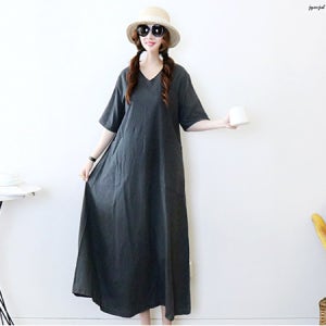 엘프 다크그레이 5부소매 V넥 루즈핏 A라인 린넨 원피스 [프린세스걸 여름 반팔 마 면 포켓 박시 박스 긴 브이넥 편한 고급 브랜드 명품보세 날씬해보이는 데일리룩 휴양지룩 바캉스룩