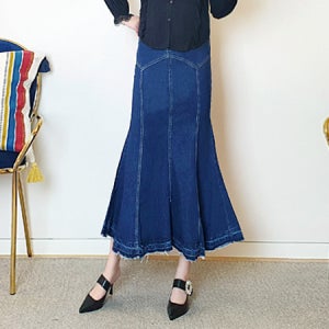 blue time..트럼펫 라인 빈티지 데님 롱 스커트(S~L사이즈까지)[청 치마 청스커트 A라인 긴 풀 진청 중청 포켓 스판 봄 가을 고급 브랜드 하의 편한 명품보세 데일리룩 여
