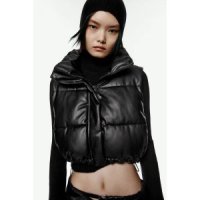 ZARA 자라 여성 패딩 조끼 크롭 숏 페이크 레더 하이넥