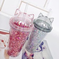 스팽글과 여자에 대 한 고양이 귀 물 병 짚 재사용 스무디 컵 drinkware와 BPA 더블 벽 텀블러