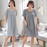 여성 2색 프리사이즈 체크무늬 일자 원피스형 잠옷