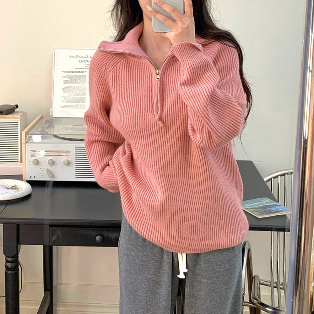 골지 반집업 카라 니트 여성 하프 집업 긴팔 스웨터 핑크 니트7282(one size)