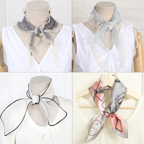 2025이쁜 여름 쁘띠스카프 린넨 반다나 타이 실크 스카프링 선물 여성 레이스 미니 면