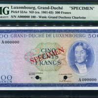 룩셈부르크 Luxembourg 1960-1963 500 Francs Specimen P52As PMG 66 EPQ 완전미사용