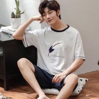 남성파자마세트 Summer Casual Print Cotton Short Sleeve Pajamas Sets for Men Sleepwear Male Homewear