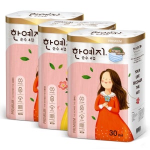 [한예지][한예지]프리미엄 순수 4겹 천연펄프 화장지 25m 30롤 3팩