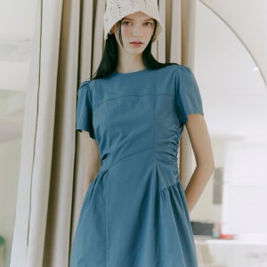 에트몽 Side Shirring Dress, Blue Green