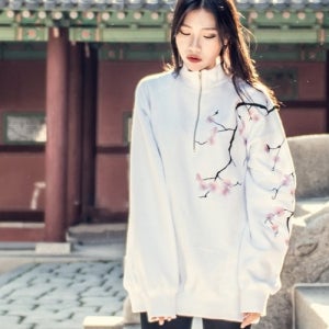[아시하] M [F/W] 기모 벚꽃자수 반집업 맨투맨 White 40