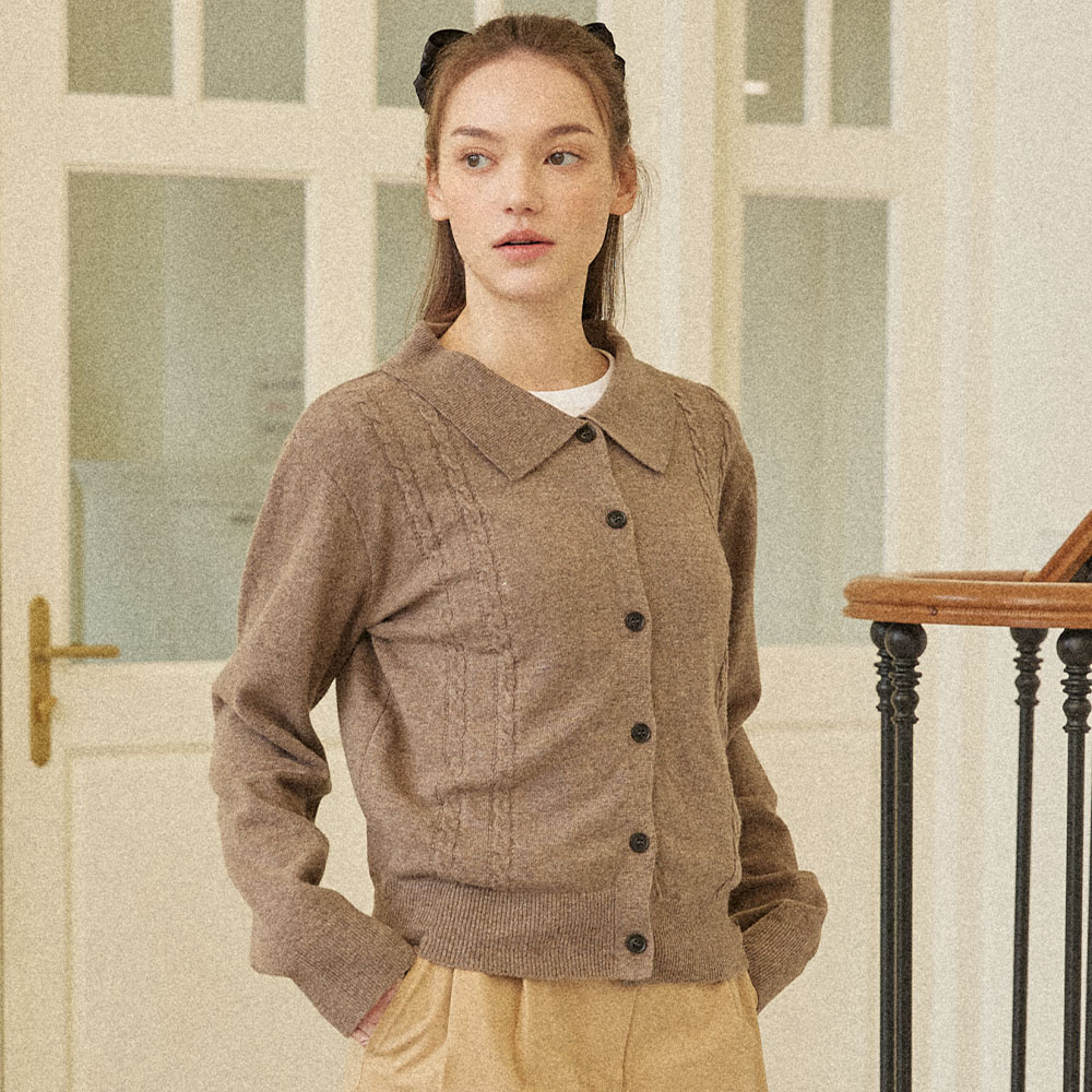 논로컬 [23SS]Cabled Collar Crop Cardigan - Pine Wood