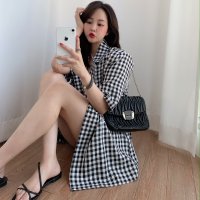 박시핏 시크무드 체크 라벨 스티치 유니크 오버핏 여자 자켓 여성 캐주얼 반팔 재킷 아우터