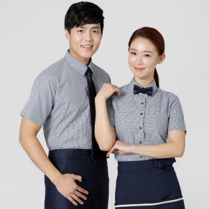 곤색체크 면스판 반팔셔츠,서빙 식당 카페 바리스타 서빙복 호텔 유니폼