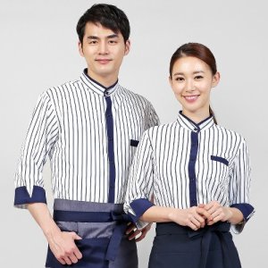 네이비줄차이나 스판 칠부셔츠,서빙 식당 카페 바리스타 서빙복 호텔 유니폼