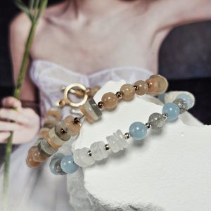 아쿠아마린+레브라도+화이트문스톤, 피치문스톤 팔찌, 수(soo)0321