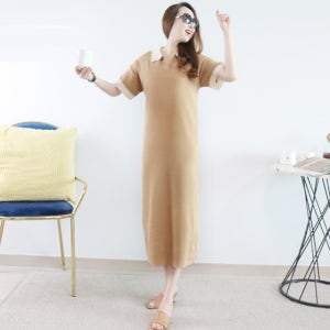 레이디 베이지 썸머 카라넥 V트임 배색 니트롱 원피스[프린세스걸 여름 반팔 면 셔츠 남방 브이넥 긴 편한 고급 브랜드 명품보세 날씬해보이는 데일리룩 휴양지룩 바캉스룩 기본 러블리]