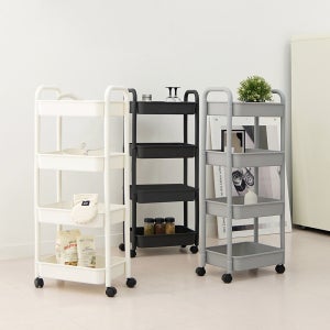 가쯔 핸들 이동식 트롤리 카트 선반 수납장 4단