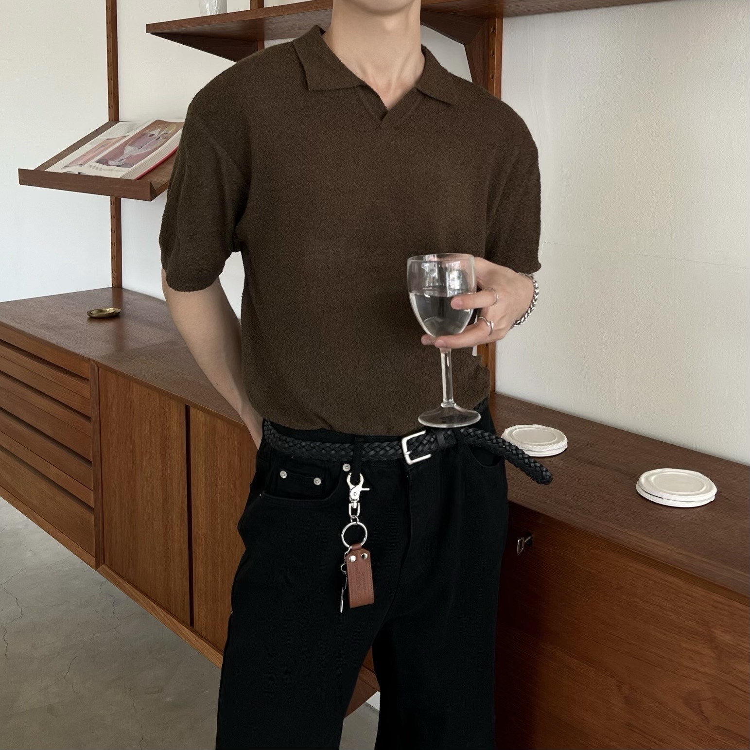 Bookle 오픈카라 부클 반팔 니트 티셔츠