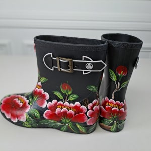 (특별한선물) 붉은 목단꽃 레인부츠 여성앵글부츠 꽃장화 꽃신발, 가람공방갤러리
