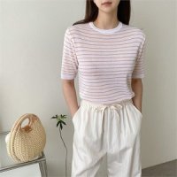 COZY 여자 가을 라운드넥 아크릴 스트라이프 단가라 반팔티 주황 WT4998