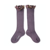 꼴레지앙 자수 니삭스 Eglantine Embroidered Ruffle Ribbed Knee-high Socks - 406 Glycine du Japon