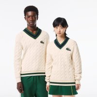 Lacoste 라코스테 Unisex 브이넥 Cable Knit 니트 Sweater in Organic Cotton 코튼