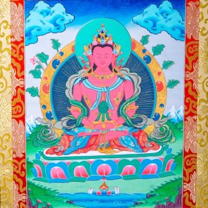 부처님의 탕카 브로케이드 - 레드 아미타유스 부처 티베트 탕카 그림