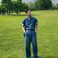 Medium half shirts 남자 청 데님 반팔 셔츠 셋업 남방 청청 세트