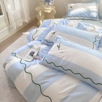 바람 녹색 줄무늬 판다 침대 시트 이불 세트 1 8m 침대 스커트 4종 세트 튤립-블루