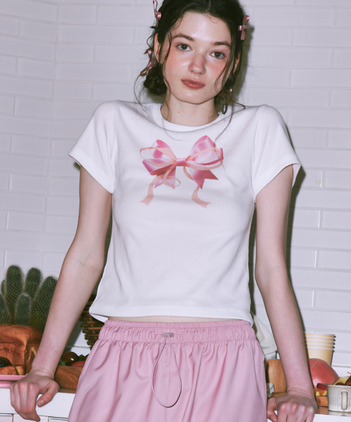 [론론] DOUBLE RIBBON SLIM CROP T SHIRT WHITE PINK RR23BST1930WP