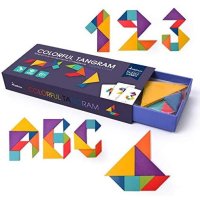 원목 칠교 탱그램 퍼즐 놀이 학습카드 MIDEER Wooden Pattern Blocks Colorful Geometric Shapes Tangram Puzzle