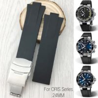 Oris AQUIS 볼록 시계 밴드 교체용 고무 스테인레스 스틸 접이식 걸쇠 실리콘 스트랩 24x11mm