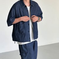 Set Hunter Denim Shirts 남자 여름 슬랍 데님 스트링 반팔 셔츠 셋업