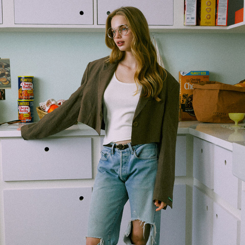 [그린버터] One Button Crop Linen jacket (Brown)